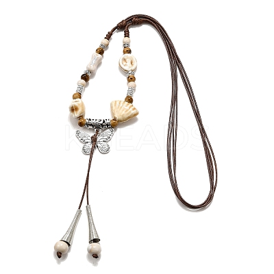 Ethnic Style Alloy & Porcelain Ceramic Beads Butterfly Pendant Tassel Y Necklaces LS-NJEW-D308-01D-1