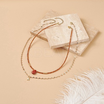 2Pcs 2 Style Natural Red Jasper Teardrop & Brass Initial Letter A Pendants Necklaces Set NJEW-JN04045-1