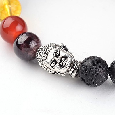 Buddha Head Natural Lava Rock Beaded Chakra Stretch Bracelets BJEW-JB02226-01-1