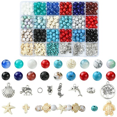 DIY Natural Lava Rock & Synthetic Turquoise Beads & Glass Jewelry Making Findings Kits DIY-YW0011-04-1