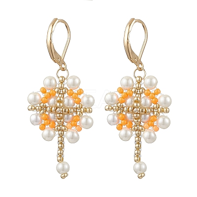 Flower with Cross 304 Stainless Steel Earrings Glass Seeds Leverback Earrings EJEW-MZ00507-01-1