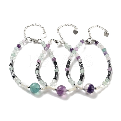 Natural Fluorite Round & Synthetic Non-magnetic Hematite & White Shell Beaded Bracelets for Women BJEW-K251-02B-1