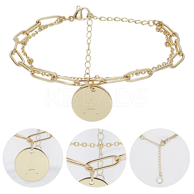 1Pc Brass Paperclip & Satellite Chains Double Layer Multi-strand Bracelet with Initial Letter A Charms for Women BJEW-AN0001-01-1
