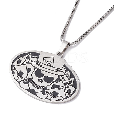 Oval with Skull 201 Stainless Steel Pendant Necklaces NJEW-K253-31P-1