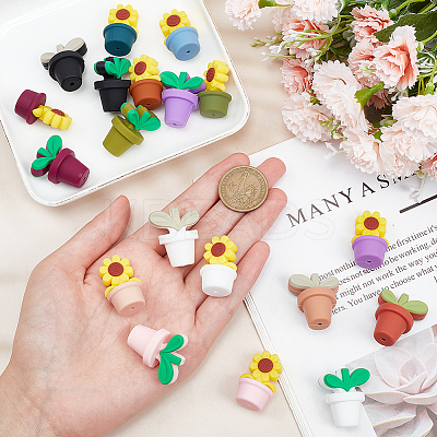 18Pcs 18 Style Leaf Pot and Flower Food Grade Eco-Friendly Silicone Beads SIL-GO0001-15-1