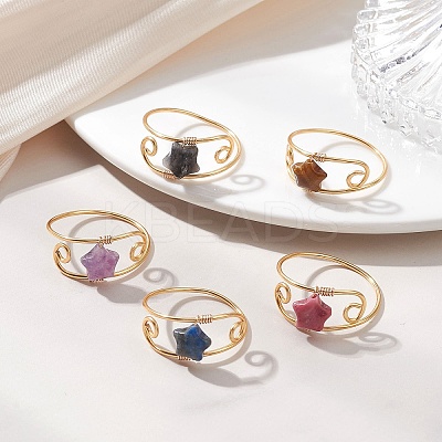 Copper Wired Gemstone Finger Rings RJEW-JR00978-1
