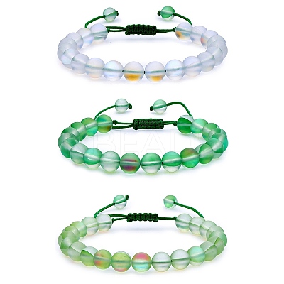 3Pcs Round Synthetic Moonstone Braided Bead Bracelets BJEW-SW00061-04-1