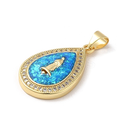 Rack Plating Brass Micro Pave Cubic Zirconia with Synthetic Opal Pendants KK-D088-31G-1