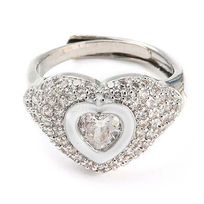 Enamel Heart Adjustable Ring with Clear Cubic Zirconia RJEW-Q781-01P-04-1