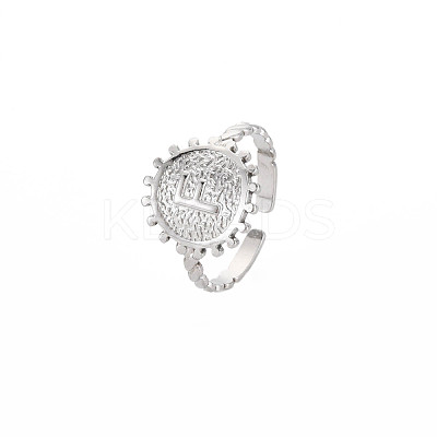 Non-Tarnish 304 Stainless Steel Flat Round with Initial Letter Open Cuff Ring for Men Women RJEW-S405-246P-F-1