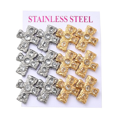 6 Pairs 304 Stainless Steel Cubic Zirconia Cross Stud Earrings EJEW-P330-01A-1
