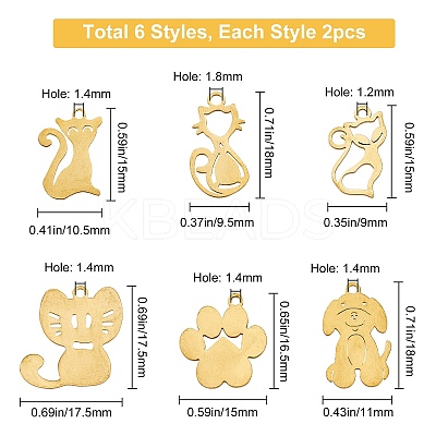 12Pcs 6 Styles 201 Stainless Steel Kitten Pendants STAS-SC0002-56G-1