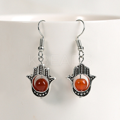 Natural Crystal Stone Hamsa Hand & Round Dangle Earrings UB8598-4-1