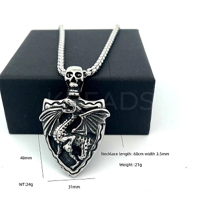 Vintage 304 Stainless Steel Skull Shield with Dragon Pendant Necklaces for Men IV2024-1