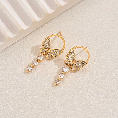 Elegant Butterfly Brass Pave Clear Cubic Zirconia Dangle Stud Earrings UU2168-1