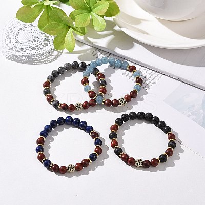 4Pcs Natural Larvikite & Quartz(Dyed) & Lava Rock & Lapis Lazuli and Wood Beads Stretch Bracelets Set BJEW-JB08934-1