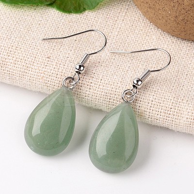 Natural Green Aventurine Teardrop Dangle Earrings EJEW-J089-01-1