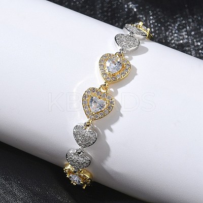 Heart Micro Pave Clear Cubic Zirconia Link Chain Bracelets for Women BJEW-C156-08B-GP-1