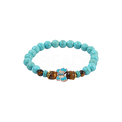 Synthetic Turquoise & Natural Tiger Eye Round Beaded Stretch Bracelets FS-WGB9D7B-05-1