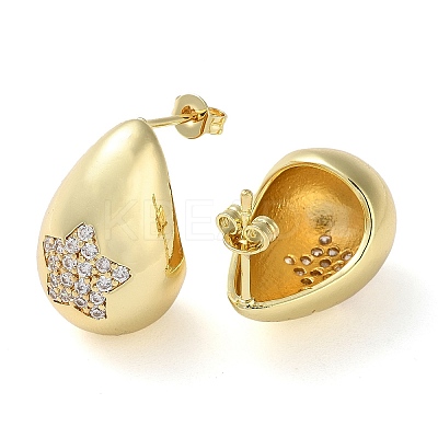 Teardrop with Star Brass Micro Pave Clear Cubic Zirconia Stud Earrings EJEW-A034-03G-1