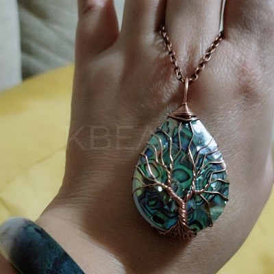 Double Sided Natural Paua Shell Copper Wire Wrapped Tree of Life Teardrop Pendant Necklaces FS-WG9357B-01-1