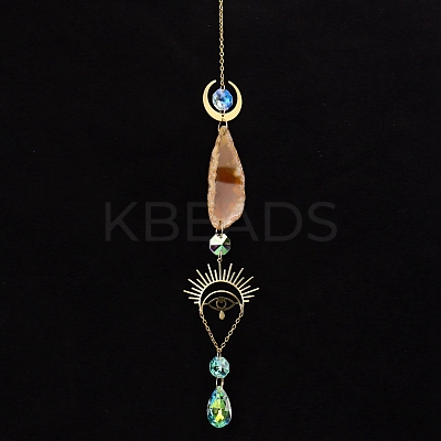 Natural Red Agate Piece & Metal Evil Eye Moon Hanging Ornaments PW-WG66301-06-1