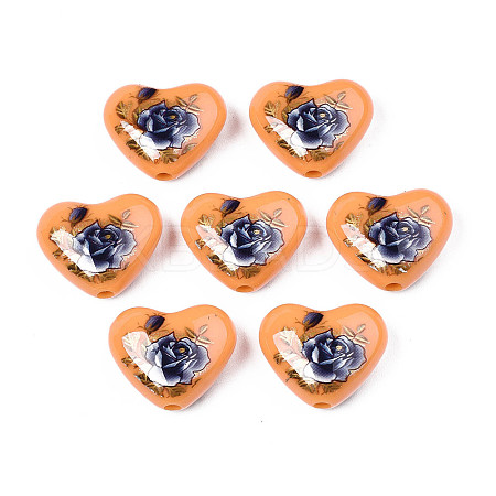 Flower Printed Opaque Acrylic Heart Beads SACR-S305-28-J01-1