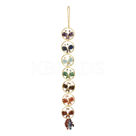 Ring with Butterfly Brass & Chakra Natural Gemstone Chips Pendant Decorations HJEW-Z007-02G-1