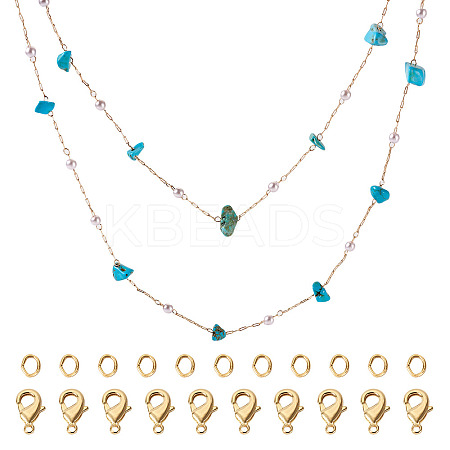 3m Natural Synthetic Turquoise Chips & ABS Plastic Imitation Pearl Beaded Chains Necklace Making Kits CHC-TA0001-30C-1