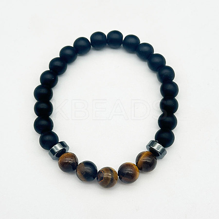 8mm Round Naturla Tiger Eye & Synthetic Non-magnetic Hematite & Frosted Natural Obsidian Beaded Stretch Bracelets for Women Men UP4024-4-1