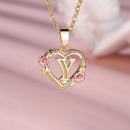 Brass Rose Flower Heart with Letter Pendant Necklaces FS-WGF6950-25-1