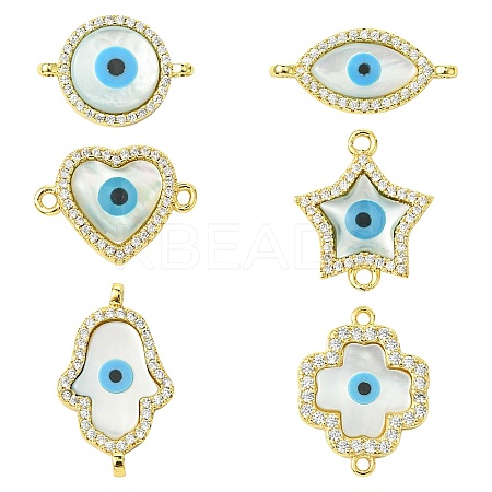 6Pcs 6 Styles Brass Micro Pave Clear Cubic Zirconia & Natural Shell Evil Eye Links Connector Charms KK-CJ0003-44-1
