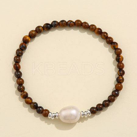 Natural Tiger Eye & Freshwater Pearl Bead Stretch Bracelets for Women EC3110-1-1