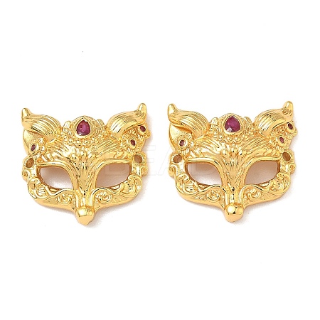 Brass Micro Pave Hot Pink Cubic Zirconia Fox Mask Connector Charms X-KK-H526-11G-01-1