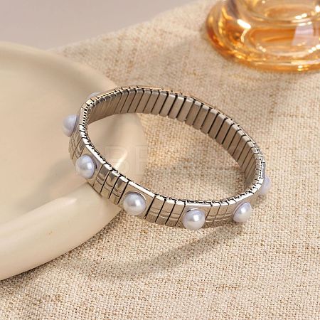 304 Stainless Steel & Plastic Pearl Beads Stretch Bangles for Women WG0AFE3-01-1