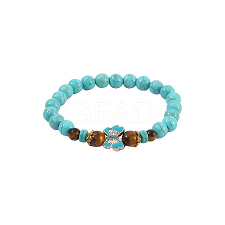 Synthetic Turquoise & Natural Tiger Eye Round Beaded Stretch Bracelets FS-WGB9D7B-05-1