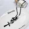 Alloy and Iron Ankh Cross Heart with Bat Wings Pendant Black Round Acrylic Rosary Bead Necklaces LS-NJEW-D335-01BP-2