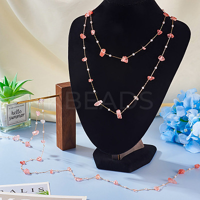3m Natural Rose Quartz Chips & ABS Plastic Imitation Pearl Beaded Chains Necklace Making Kits CHC-TA0001-30B-1