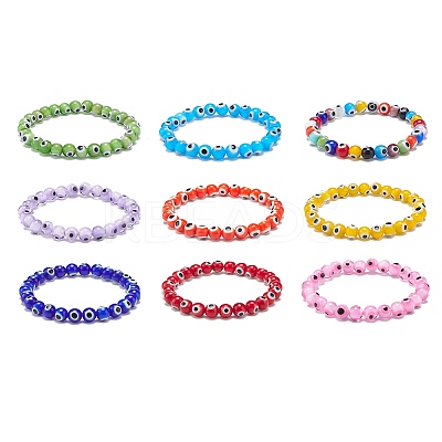 9Pcs 9 Color Handmade Evil Eye Lampwork Round Beaded Stretch Bracelets Set for Children BJEW-JB08899-1