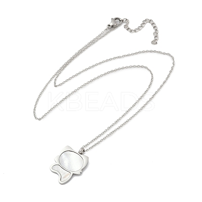 304 Stainless Steel Pave Natural White Shell Cute Cat Shaped Pendant Necklaces for Women NJEW-F339-01P-1