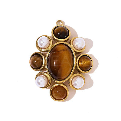304 Stainless Steel Natural Tiger Eye Pendants STAS-OY007-31G-1