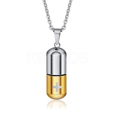 Two Tone 316L Stainless Steel Pill with Cross Urn Ashes Pendant Necklace with Cable Chains BOTT-PW0001-010PG-1