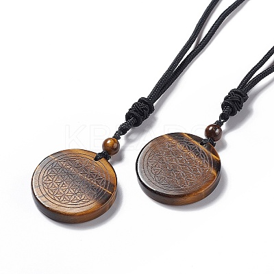 Natural Gemstone Flat Round with Flower of Life Pendant Necklace with Nylon Cord for Women NJEW-P274-02-1