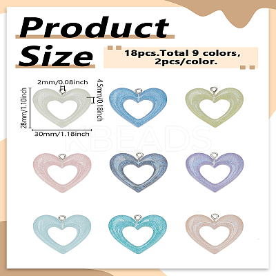 18Pcs 9 Colors Sparkling Transparent Resin Heart Pendants KY-LP0001-37-1