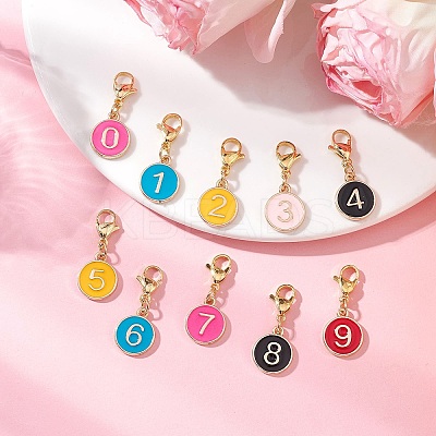 Flat Round with Number 0~9 Alloy Enamel Pendant Decorations HJEW-JM03116-1