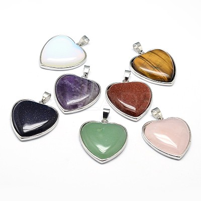 Heart Platinum Plated Brass Natural & Synthetic Mixed Stone Pendants G-F228-10-RS-1