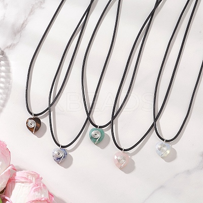 Opalite & Natural Green Aventurine & Tiger Eye & Blue Spot Jasper & Rose Quartz Copper Wire Wrapped Faceted Heart Pendant Black PU Leather Cord Necklaces NJEW-JN05837-1