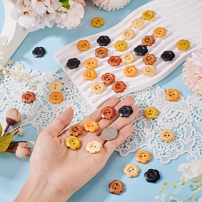 120Pcs 6 Colors 2-Hole Wood Flower Buttons BUTT-TA0001-40C-1