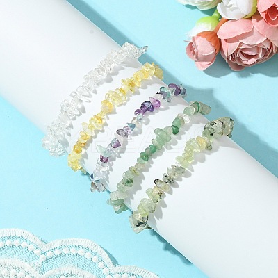 5Pcs 5 Styles Natural Green Aventurine & Quartz Crystal & Prehnite & Citrine & Fluorite Chips Beaded Stretch Bracelet Sets BJEW-JB10872-1