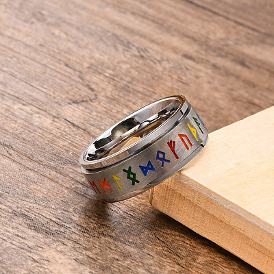 Rainbow Color Pride Flag Rune Words Odin Norse Viking Amulet Enamel Rotating Ring RABO-PW0001-037E-1